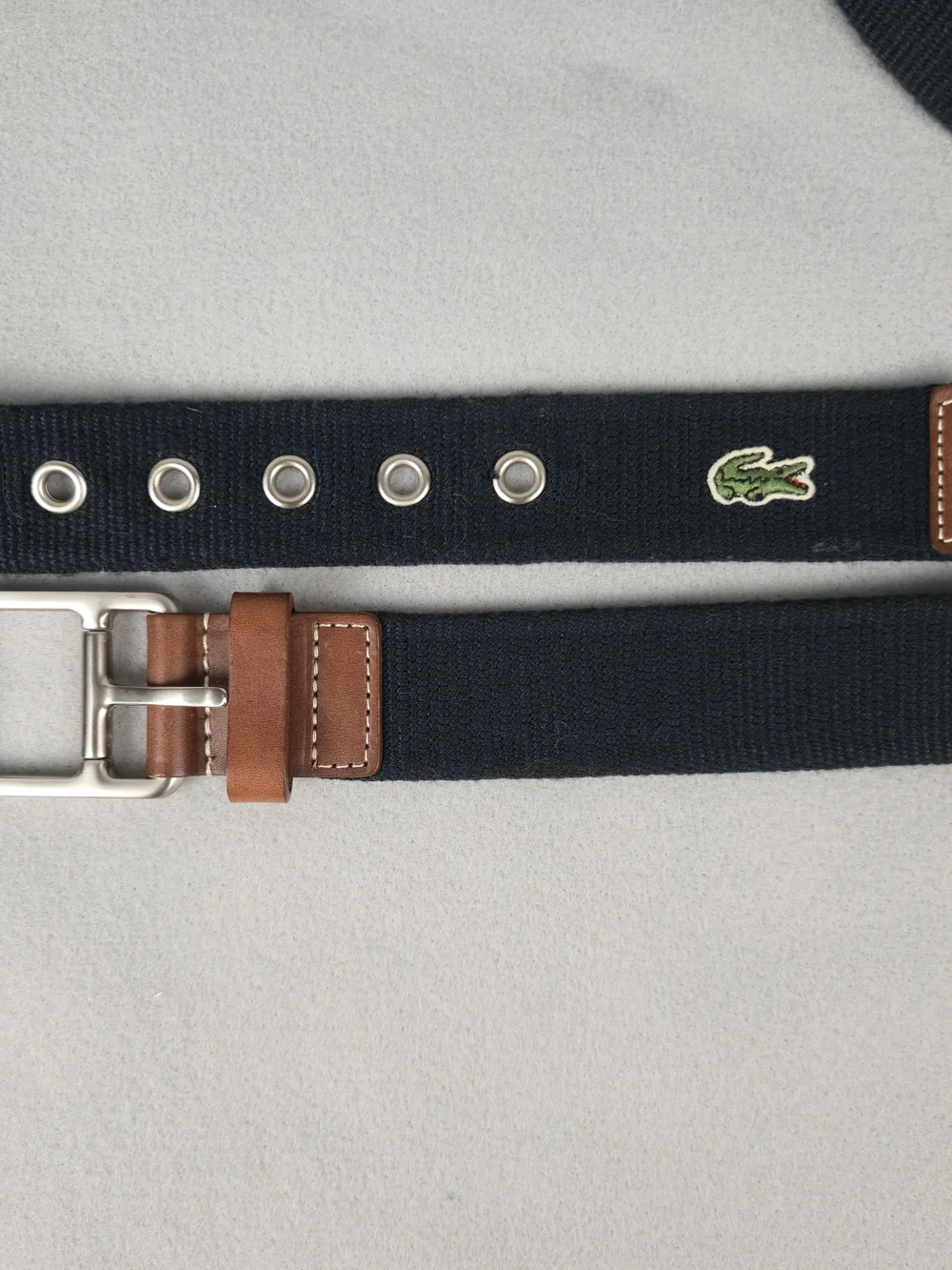 Lacoste Navy Canvas Belt with Brown Leather Accents - Size 38